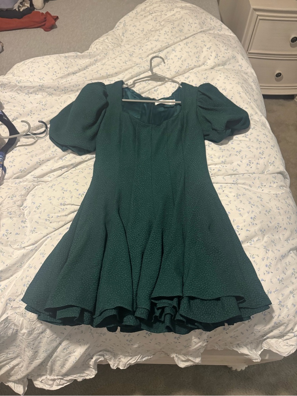 Green Puff-Sleeve Fit & Flare Dress